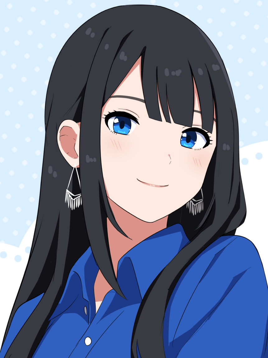 1girl amamiya_sora animification black_hair blue_background blue_eyes blue_shirt blunt_bangs buttons commentary_request earrings jewelry light_blush long_hair looking_at_viewer polka_dot polka_dot_background real_life shirt sidelocks smile solo trinitro_t upper_body