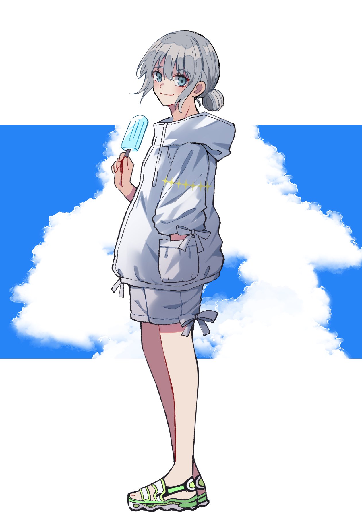1boy blue_eyes blue_sky clouds eyelashes fate/grand_order fate_(series) food from_side full_body grey_hair hair_bun hand_in_pocket highres holding holding_food holding_popsicle jacket looking_at_viewer male_focus moyashi_(momoyashi_321) oberon_(fate) popsicle ribbon sidelocks sky split_mouth white_footwear white_jacket white_ribbon