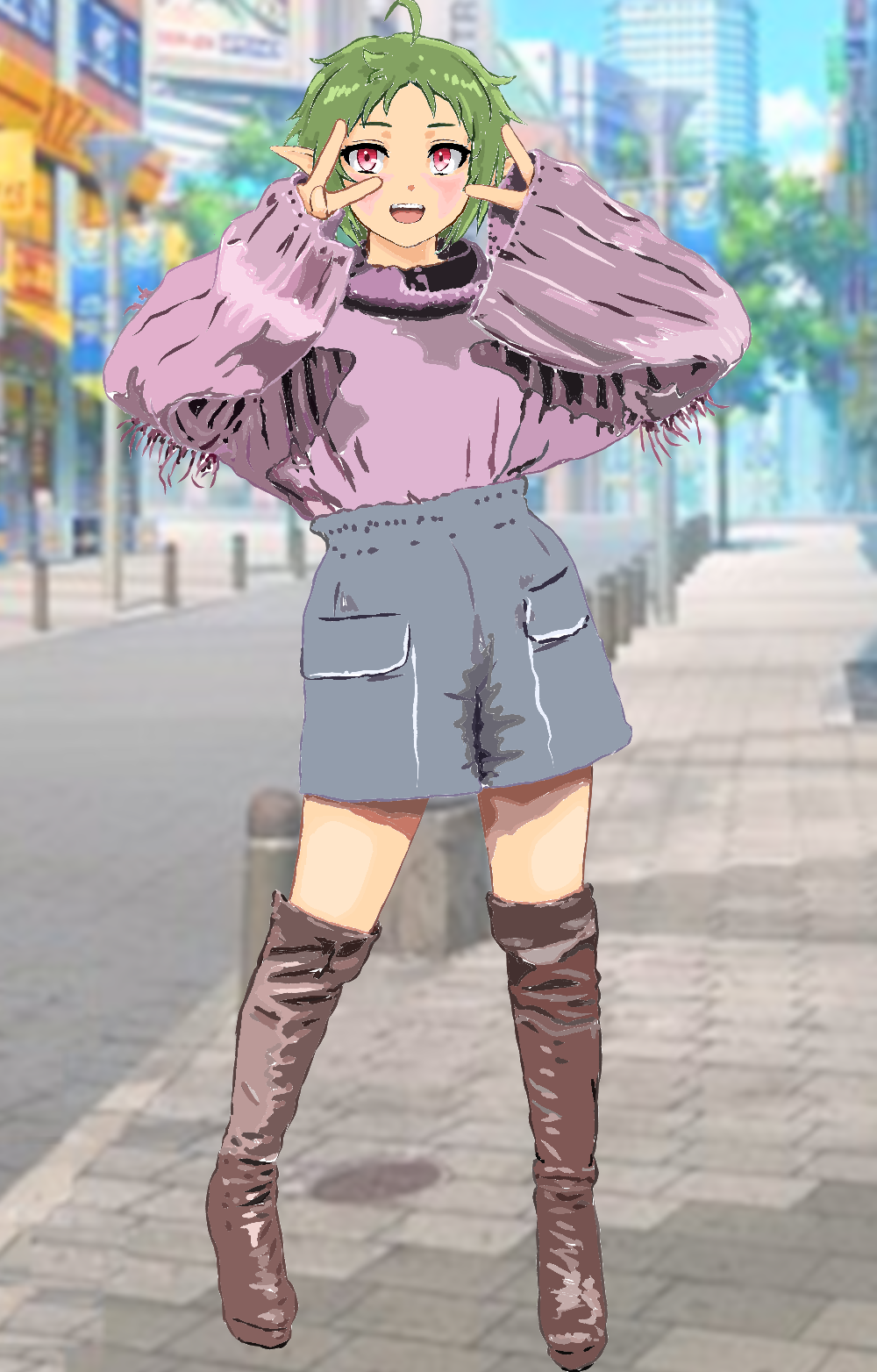 1girl :d ahoge alternate_costume boots city day double_v elf full_body green_hair grey_shorts hands_up highres looking_at_viewer mizumori_keiichi mushoku_tensei open_mouth outdoors pointy_ears purple_sweater red_eyes short_hair shorts smile solo standing sweater sylphiette_(mushoku_tensei) thigh_boots v
