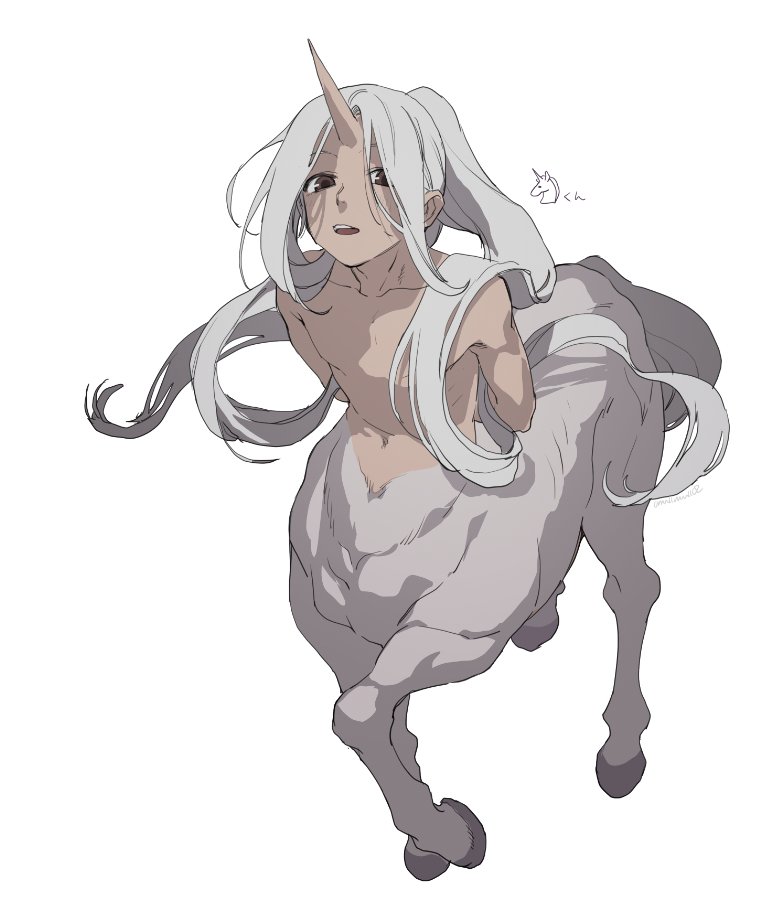 1boy brown_eyes centaur full_body grey_fur grey_hair hooves horns horse_tail long_hair looking_at_viewer male_focus monster_boy mullmull02 no_shirt open_mouth original simple_background single_horn skin-covered_horns solo tail taur unicorn very_long_hair walking white_background