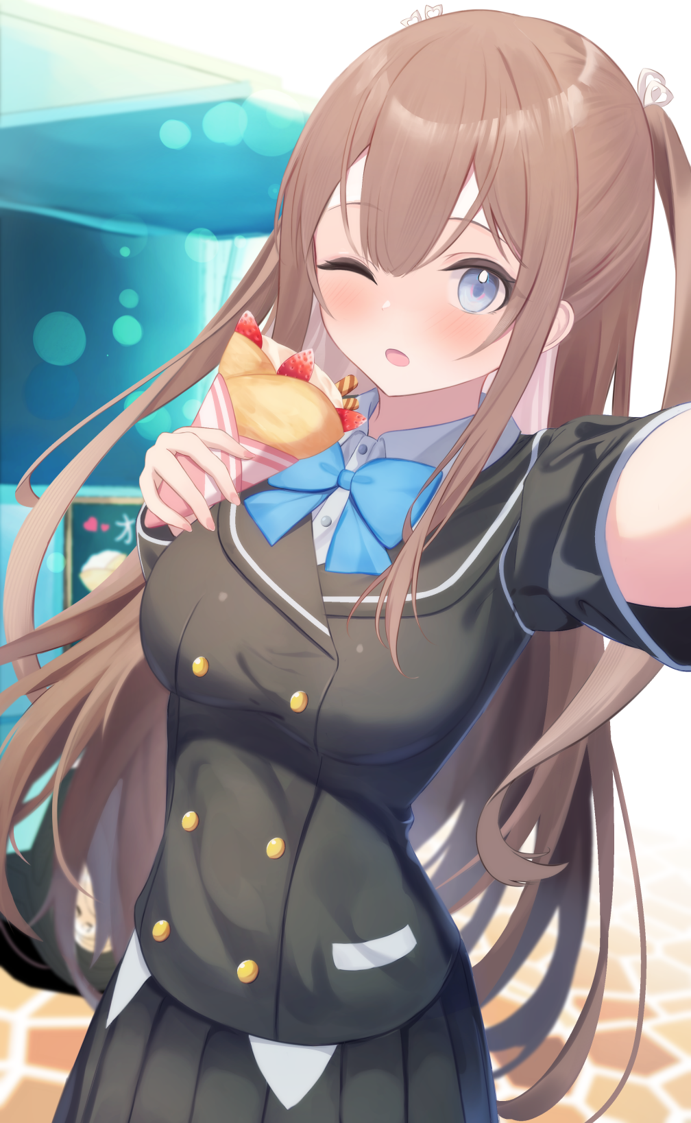 1girl ange_vierge black_jacket black_skirt blue_bow blue_eyes blush bow breasts brown_hair collared_shirt commentary_request crepe dress_shirt food fruit hair_between_eyes highres hinata_miumi holding holding_food jacket looking_at_viewer medium_breasts one_eye_closed open_mouth pleated_skirt reaching reaching_towards_viewer roido_(taniko-t-1218) school_uniform selfie shirt short_sleeves skirt solo strawberry two_side_up white_shirt