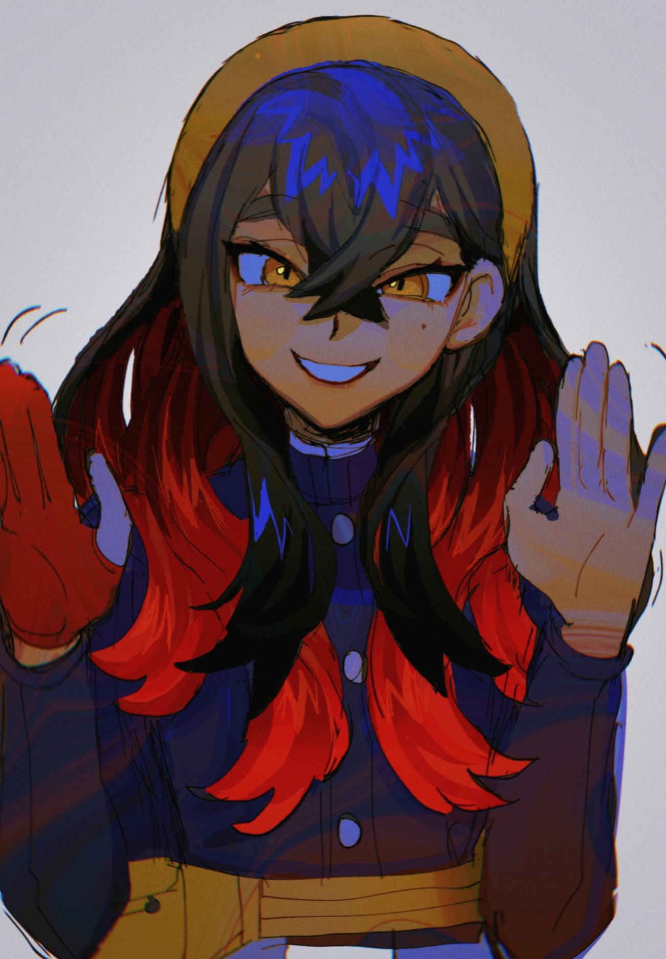 1girl black_hair buttons carmine_(pokemon) colored_inner_hair crossed_bangs eyelashes gloves hair_between_eyes hairband highres long_hair long_sleeves looking_at_viewer mole mole_under_eye multicolored_hair open_mouth pokemon pokemon_(game) pokemon_sv red_gloves redhead sidelocks smile solo thick_eyebrows thxzmgn two-tone_hair yellow_eyes yellow_hairband