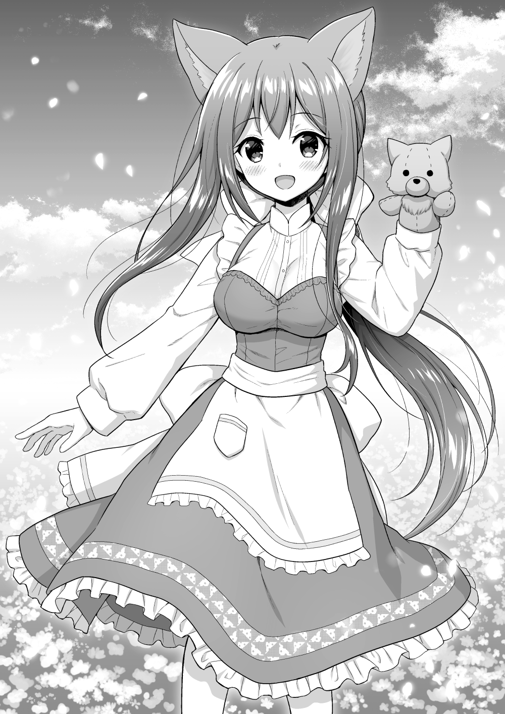 1girl :d animal_ears apron blush breasts clouds commentary_request copyright_request day dress field flower flower_field frilled_apron frilled_dress frills greyscale hair_between_eyes hand_puppet highres long_hair long_sleeves looking_at_viewer medium_breasts monochrome nakamura_hinato outdoors petals puffy_long_sleeves puffy_sleeves puppet sidelocks sky sleeveless sleeveless_dress smile solo standing very_long_hair waist_apron wolf_ears