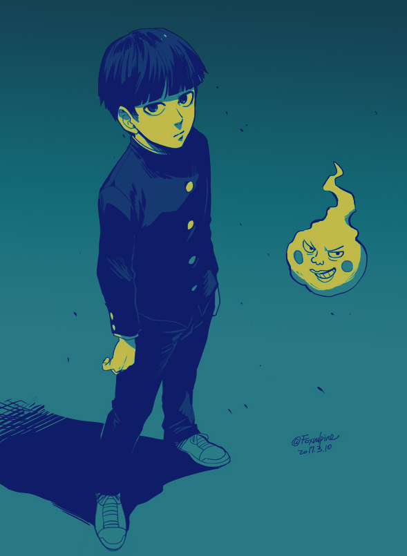 1boy arms_at_sides blue_background bob_cut closed_mouth dated ekubo_(mob_psycho_100) expressionless foxvulpine from_above full_body gakuran kageyama_shigeo limited_palette looking_at_viewer male_focus mob_psycho_100 school_uniform shadow shoes short_hair sneakers twitter_username