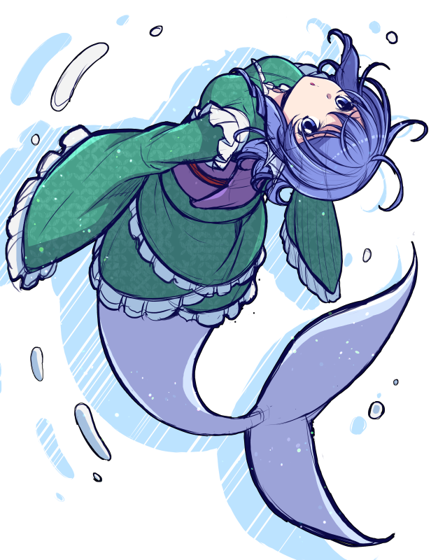 1girl backflip blue_eyes blue_hair breasts eichi_yuu green_kimono japanese_clothes kimono looking_at_viewer looking_back mermaid monster_girl open_mouth sketch solo touhou wakasagihime water white_background