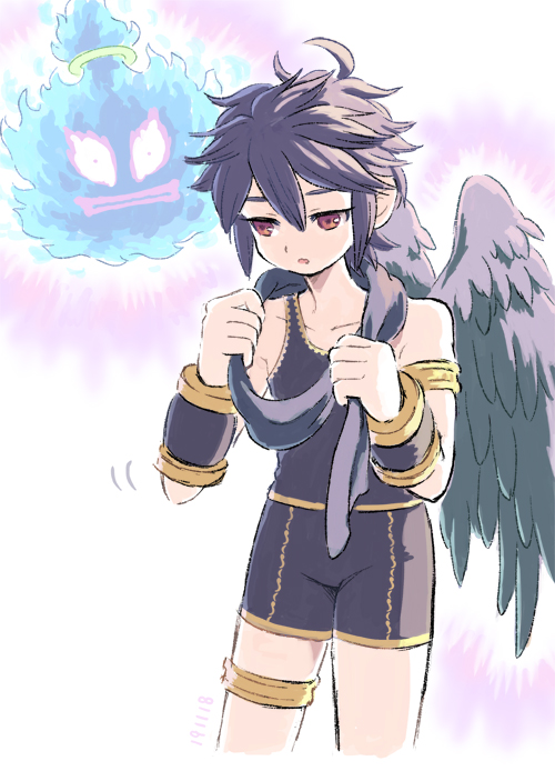 1boy 1girl :| ahoge angel angel_wings armlet bike_shorts black_hair blue_fire closed_mouth collarbone commentary_request cowboy_shot fire halo kid_icarus kid_icarus_uprising motion_lines nopepe pandora_(kid_icarus) pit_(kid_icarus) red_eyes standing tank_top wings