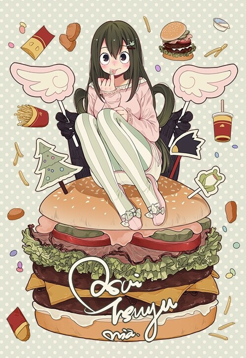 1girl alternate_costume asui_tsuyu black_eyes blush boku_no_hero_academia breasts burger character_name chicken_nuggets closed_mouth commentary_request food french_fries frog full_body green_hair hair_ornament hairclip long_hair long_sleeves looking_at_viewer mia0309 pink_footwear pink_shirt shirt simple_background sitting sitting_on_food solo tokoyami_fumikage tongue tongue_out