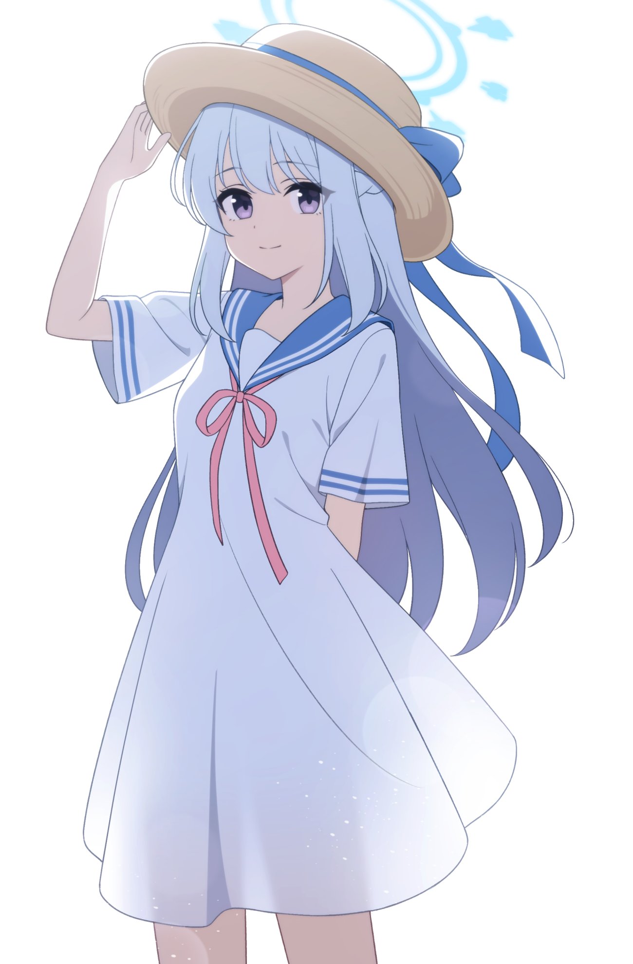 1girl alternate_costume arm_behind_back blue_archive blue_ribbon blue_sailor_collar brown_headwear child_(isoliya) closed_mouth commentary dress grey_hair halo hand_on_headwear hat hat_ribbon highres long_hair looking_at_viewer miyako_(blue_archive) pink_ribbon ribbon sailor_collar sailor_dress short_sleeves simple_background solo symbol-only_commentary very_long_hair violet_eyes white_background white_dress
