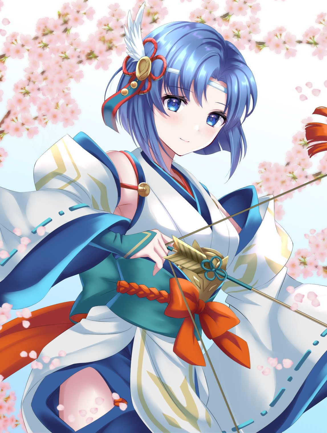 1girl blue_eyes blue_hair bow_(weapon) catria_(fire_emblem) catria_(winds_offered)_(fire_emblem) detached_sleeves feather_hair_ornament feathers fire_emblem fire_emblem:_mystery_of_the_emblem fire_emblem_heroes hair_ornament headband highres japanese_clothes kakiko210 looking_at_viewer official_alternate_costume short_hair smile solo thighs weapon white_headband
