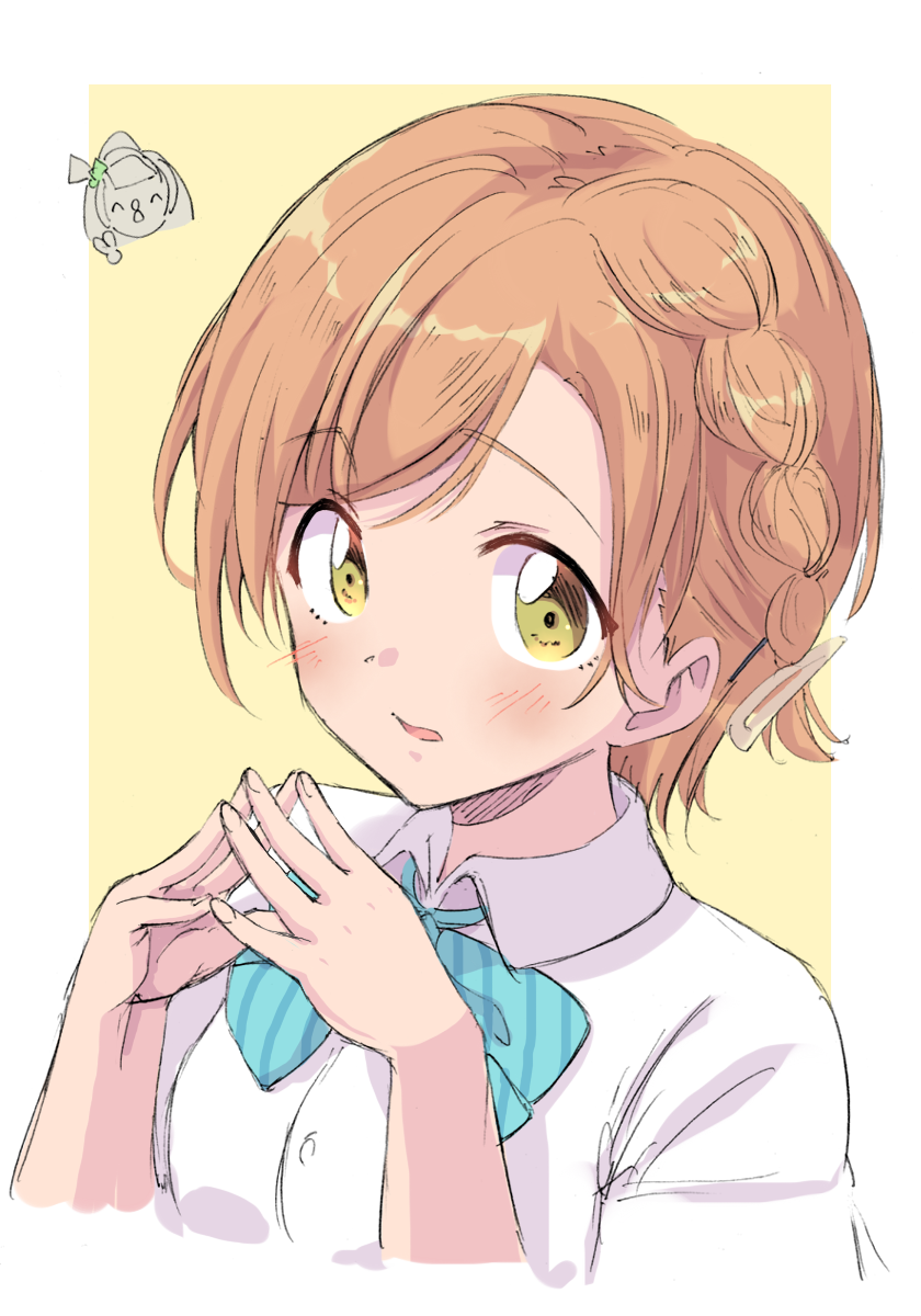 2girls blue_bow blush bow braid brown_background brown_eyes collared_shirt cropped_torso diagonal-striped_bow dress_shirt highres hoshizora_rin looking_at_viewer love_live! love_live!_school_idol_project minami_kotori multiple_girls orange_hair parted_lips sen_(sen0910) shirt solo_focus steepled_fingers swept_bangs two-tone_background upper_body white_background white_shirt