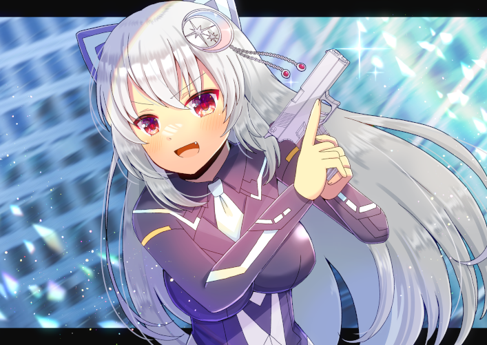 1girl :d black_jacket black_shirt blurry blurry_background breasts collared_shirt commentary_request commission crescent crescent_hair_ornament depth_of_field grey_hair gun hair_between_eyes hair_ornament handgun holding holding_gun holding_weapon jacket kou_hiyoyo large_breasts letterboxed long_hair necktie phantasy_star phantasy_star_online_2 red_eyes shirt skeb_commission smile solo upper_body v-shaped_eyebrows very_long_hair weapon white_necktie