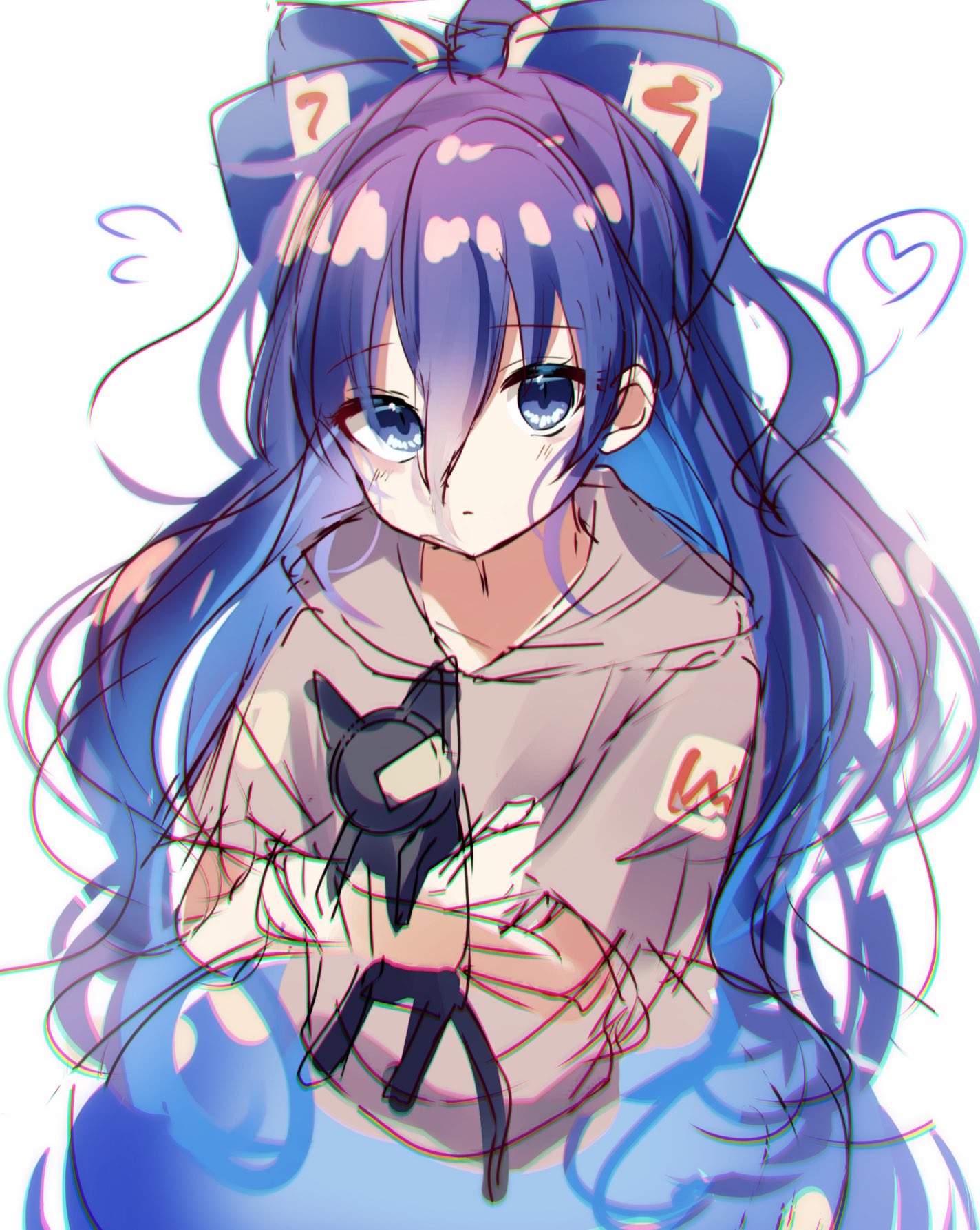 1girl blue_bow blue_eyes blue_hair bow closed_mouth commentary flying_sweatdrops grey_hoodie hair_between_eyes hair_bow heart highres hood hoodie long_hair looking_at_viewer moshihimechan short_sleeves simple_background solo stuffed_animal stuffed_cat stuffed_toy touhou upper_body very_long_hair white_background yorigami_shion