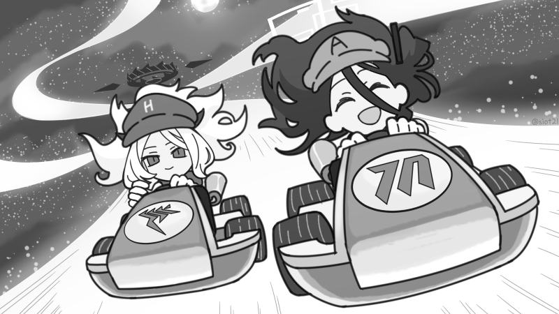 2girls ^_^ absurdly_long_hair ahoge aris_(blue_archive) blue_archive cabbie_hat closed_eyes commentary demon_girl demon_horns driving go-kart greyscale hair_between_eyes halo hat hina_(blue_archive) horns long_bangs long_hair looking_at_another looking_at_viewer mario_kart mildtaste monochrome multiple_girls parted_bangs rainbow_road sidelocks sky star_(sky) starry_sky super_mario_bros. symbol-only_commentary very_long_hair wavy_hair