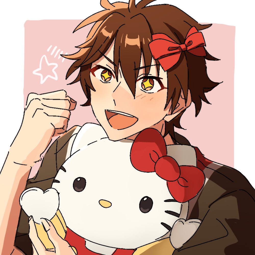 +_+ 1boy border bow brown_hair clenched_hand commentary_request ensemble_stars! facial_mark hair_between_eyes hair_bow hand_up hello_kitty hello_kitty_(character) hugging_object male_focus moji461 morisawa_chiaki open_mouth outside_border red_bow short_hair smile solo star_(symbol) teeth upper_body upper_teeth_only whisker_markings white_border