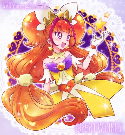 1girl :d amanogawa_kirara bare_shoulders brown_hair character_name choker cure_twinkle dress earrings gloves go!_princess_precure jewelry long_hair lowres magical_girl multicolored_hair nanjou_akimasa open_mouth orange_hair precure quad_tails redhead smile solo star_(symbol) star_earrings streaked_hair twintails two-tone_hair very_long_hair violet_eyes white_gloves