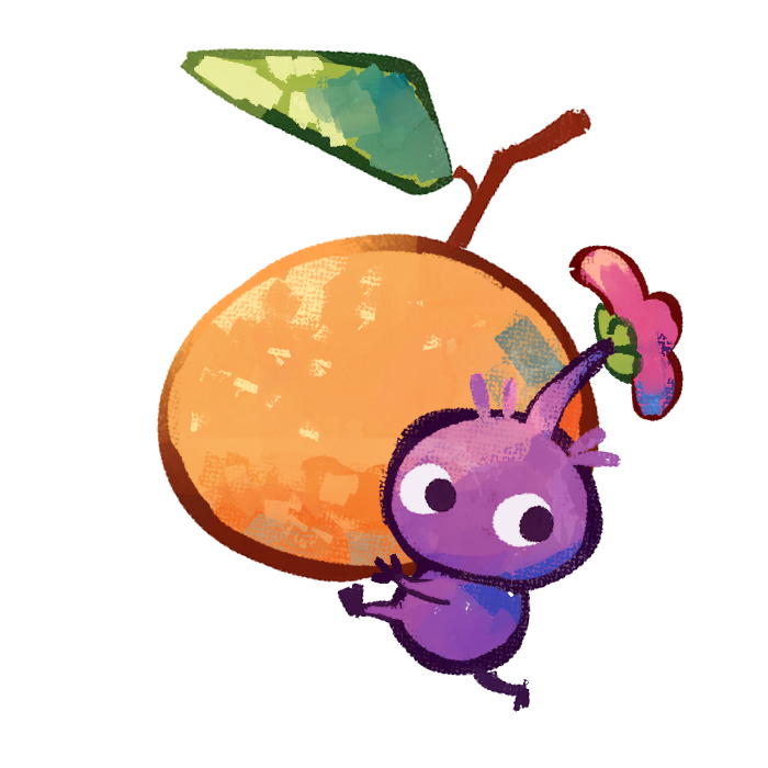 black_eyes carrying colored_skin english_commentary flower food fruit holding holding_food holding_fruit juan_(apamaate) leaf leg_up no_humans no_mouth orange_(fruit) oversized_object pikmin_(creature) pikmin_(series) pink_flower plump purple_hair purple_pikmin purple_skin short_hair very_short_hair walking white_background