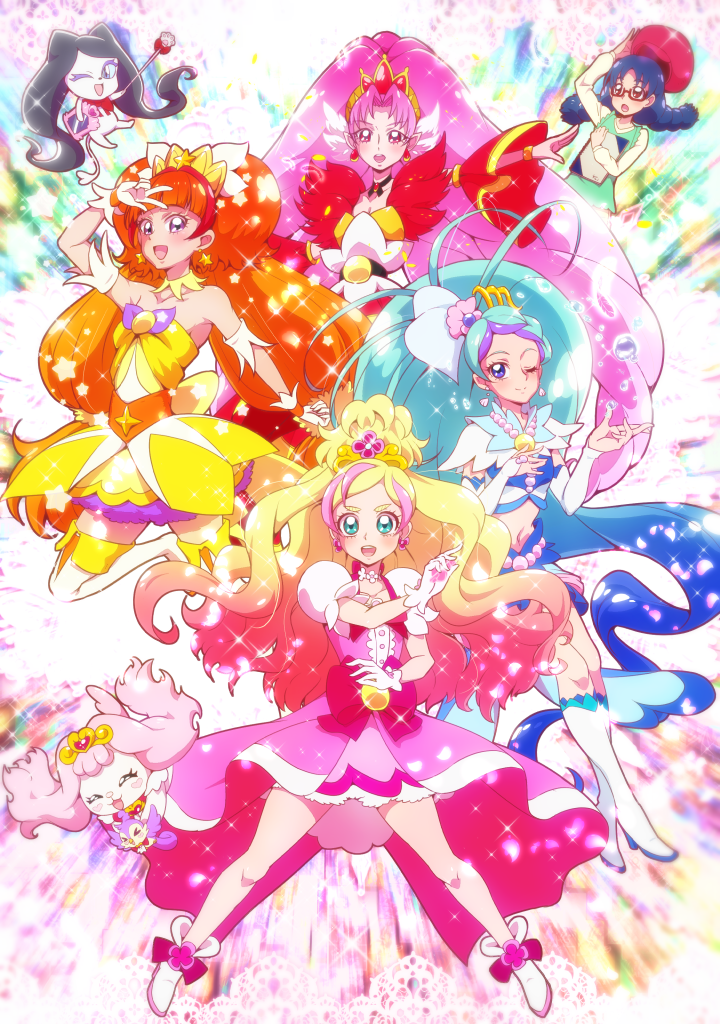 5girls :d akagi_towa amanogawa_kirara arm_warmers bare_shoulders belt black_hair blonde_hair blue_eyes blue_hair blush boots bow braid brown_hair butterfly_brooch choker cure_flora cure_mermaid cure_scarlet cure_twinkle detached_sleeves dog earrings flower flower_brooch flower_earrings flower_necklace glasses gloves go!_princess_precure green_eyes haruno_haruka jewelry kaidou_minami long_hair looking_at_viewer magical_girl midriff miss_siamour multicolored_hair multiple_girls nanase_yui navel noble_academy_school_uniform open_mouth orange_hair parted_bangs paw_wand pink_bow pink_hair pink_skirt pointy_ears precure puff_(go!_princess_precure) puffy_sleeves purple_hair quad_tails red_eyes red_sleeves redhead school_uniform semi-rimless_eyewear shell shell_earrings short_hair skirt smile star_(symbol) star_earrings streaked_hair tail thigh-highs thigh_boots tj-type1 twintails two-tone_hair under-rim_eyewear very_long_hair violet_eyes waist_bow waist_brooch wand white_gloves white_skirt