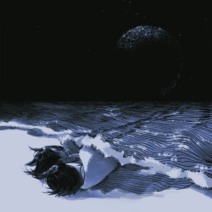 2others amber389 ambiguous_gender beach blue_theme commentary covered_face english_commentary face-to-face facing_another facing_away finger_to_mouth hand_up lying monochrome multiple_others night night_sky on_side original outdoors partially_submerged shirt short_hair shushing sky star_(sky) starry_sky surreal under_covers waves wide_shot