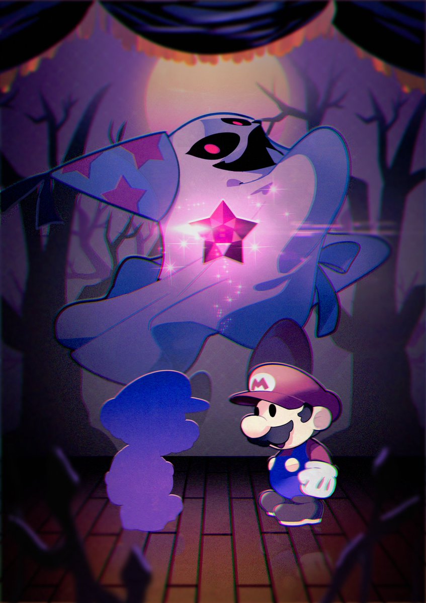 2boys black_sclera blue_overalls brown_footwear colored_sclera doopliss facial_hair gloves hat higuchi_megumi male_focus mario multiple_boys multiple_views mustache open_mouth overalls paper_mario paper_mario:_the_thousand_year_door party_hat pink_eyes red_shirt shirt silhouette sparkle standing star_(symbol) super_mario_bros. tree white_gloves