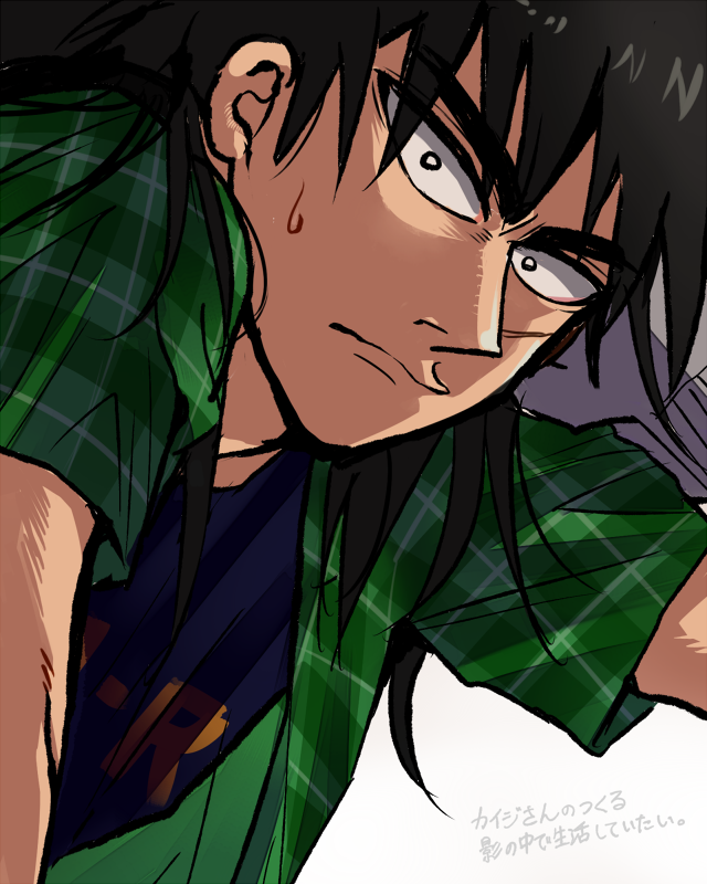 1boy black_eyes black_hair black_shirt closed_mouth commentary_request frown green_shirt itou_kaiji kaiji katatsumuri_(kataaaaaaaaa) leaning_forward long_hair looking_at_viewer male_focus medium_bangs open_clothes open_shirt plaid plaid_shirt pointy_nose scar scar_on_cheek scar_on_face shirt simple_background solo sweatdrop translation_request upper_body white_background