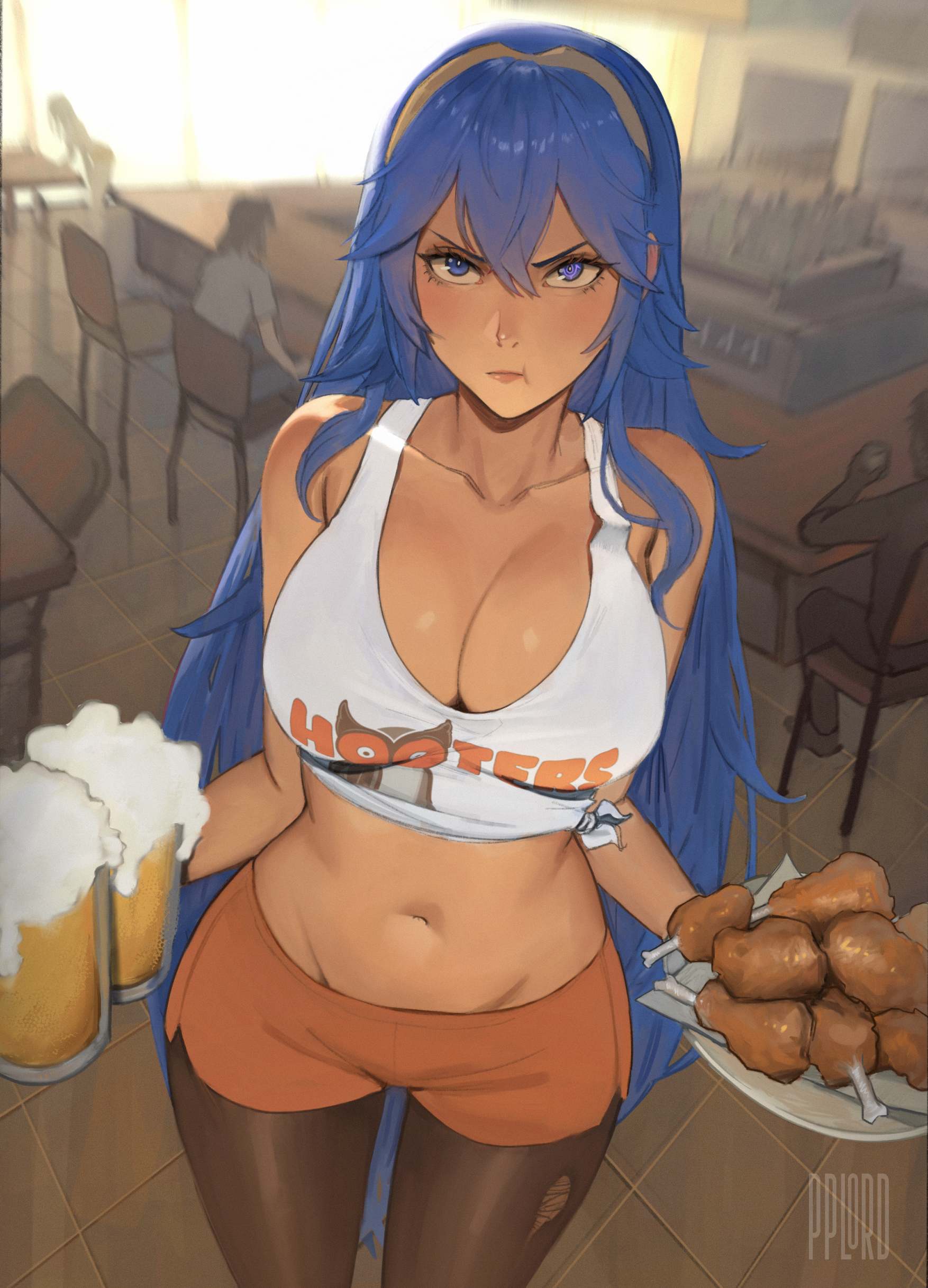1girl absurdres alcohol bare_shoulders beer blue_eyes blue_hair breasts chair chicken_(food) collarbone fire_emblem food highres large_breasts lips long_hair lucina_(fire_emblem) navel pout pplord short_shorts shorts solo standing stomach