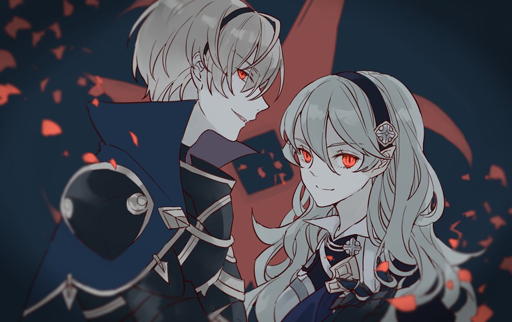 1boy 1girl blonde_hair corrin_(female)_(fire_emblem) corrin_(fire_emblem) fire_emblem fire_emblem_fates hair_between_eyes hairband leo_(fire_emblem) long_hair looking_at_viewer open_mouth petals pointy_ears red_eyes shioha short_hair smile upper_body
