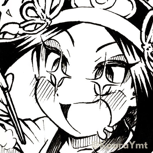 1girl blush_stickers chopsticks collarbone commentary_request crown drooling eyeshadow greyscale hair_ribbon holding holding_chopsticks ink_(medium) japanese_clothes kimono long_sleeves makeup monochrome open_mouth original ribbon sleeves_past_elbows smile sparkling_eyes traditional_media twitter_username v-shaped_eyebrows wide_sleeves yamato_koara