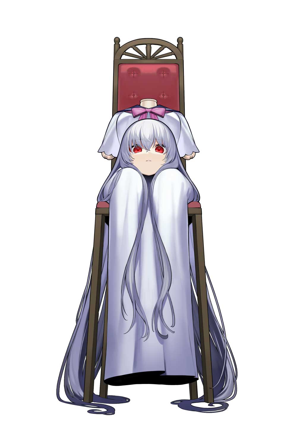 1girl amputee baniran_dorosu chair commentary_request commission disembodied_head doll doll_joints dress highres joints long_hair looking_at_viewer original red_eyes sitting skeb_commission solo very_long_hair white_background white_dress white_hair