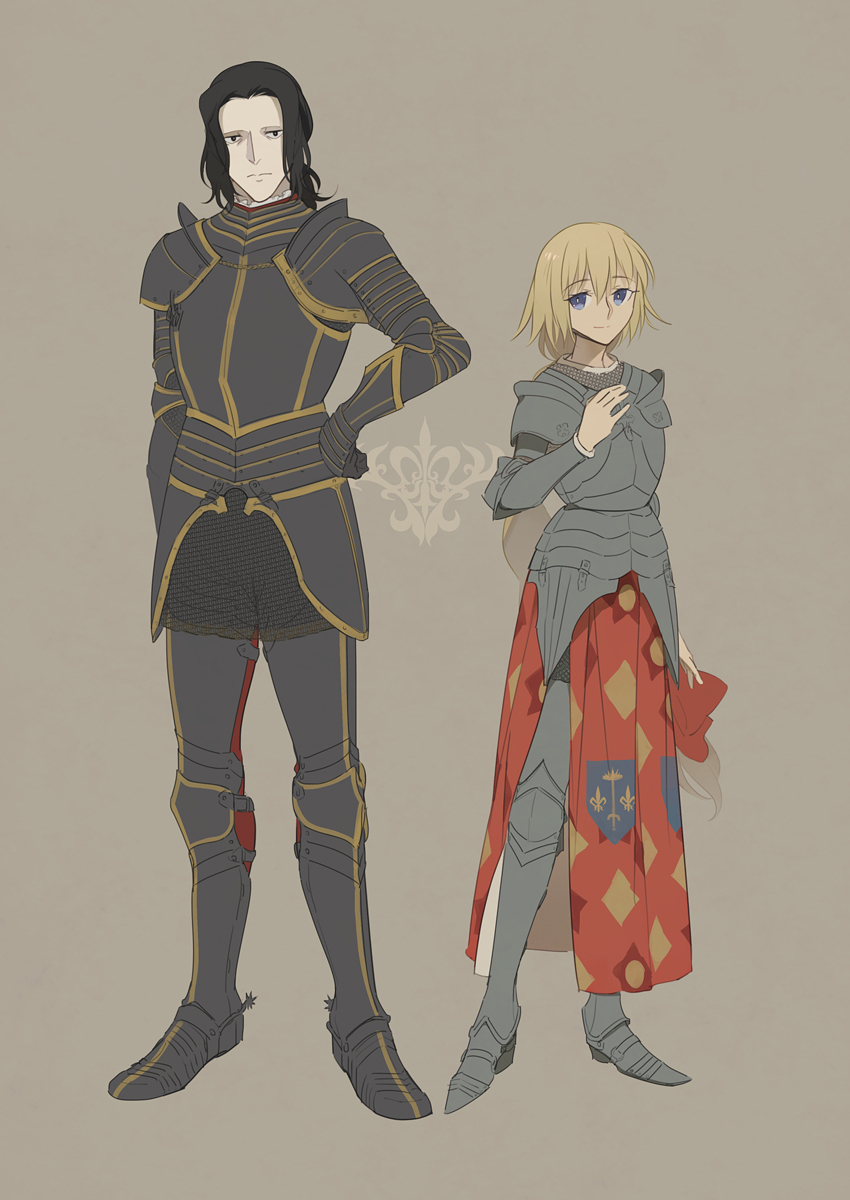 1boy 1girl 2gno082 aged_down alternate_costume armor black_armor black_hair blonde_hair blue_eyes brown_background chainmail expressionless fate/grand_order fate_(series) full_body gilles_de_rais_(saber)_(fate) hair_between_eyes highres jeanne_d'arc_(fate) jeanne_d'arc_(ruler)_(fate) light_smile long_hair looking_at_viewer pelvic_curtain short_hair standing
