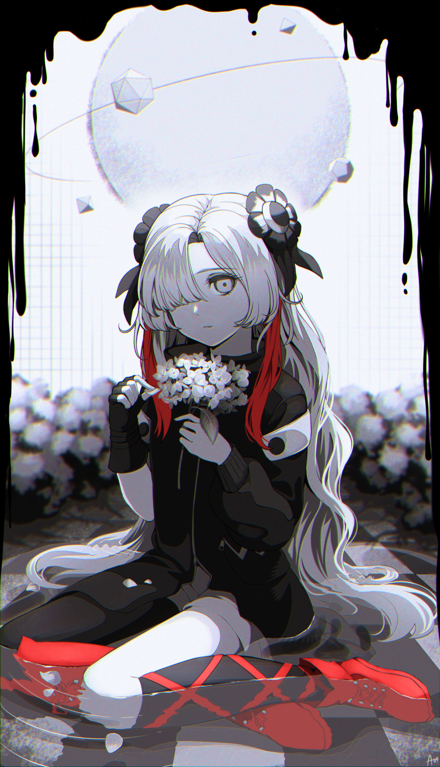 1girl asymmetrical_footwear asymmetrical_legwear asymmetrical_sleeves black_coat black_flower black_gloves boots bouquet coat dodecahedron expressionless fingerless_gloves flower full_body gloves hair_flower hair_ornament hair_over_one_eye highres holding holding_bouquet icosahedron isekai_joucho kamitsubaki_studio long_hair looking_at_viewer multicolored_hair octahedron orb parted_lips red_footwear redhead sato_(r017xts117) shorts single_fingerless_glove sitting solo two-tone_hair very_long_hair virtual_youtuber white_eyes white_flower white_hair white_shorts yokozuwari