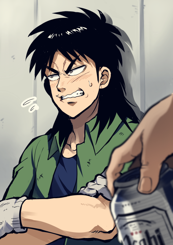 2boys asahi_breweries beer_can black_hair black_shirt can clenched_teeth commentary_request flying_sweatdrops gloves green_shirt grey_eyes holding holding_can itou_kaiji kaiji katatsumuri_(kataaaaaaaaa) long_hair looking_to_the_side male_focus medium_bangs multiple_boys ootsuki_(kaiji) parted_bangs scar scar_on_cheek scar_on_face shirt short_sleeves solo_focus teeth upper_body white_gloves