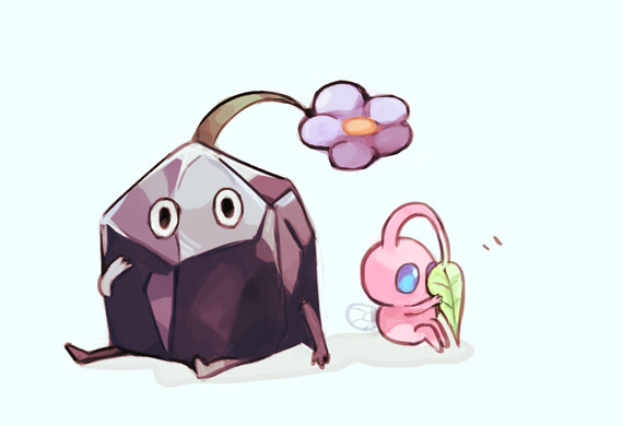 black_eyes black_skin blue_eyes colored_skin flower groom hand_on_own_face holding holding_leaf insect_wings leaf looking_at_object looking_at_viewer motion_lines no_humans no_mouth pikmin_(creature) pikmin_(series) pink_skin purple_flower rock rock_pikmin shadow sitting solid_circle_eyes terada_tera white_background winged_pikmin wings