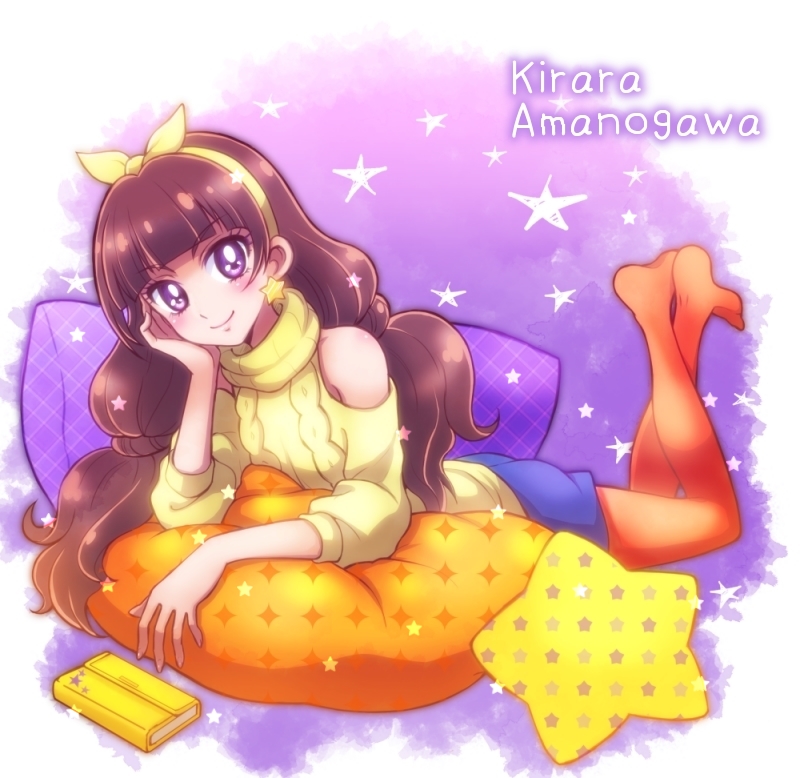 1girl amanogawa_kirara aran_sweater bare_shoulders blunt_bangs blush bow brown_hair cable_knit character_name clothing_cutout copyright_name earrings full_body go!_princess_precure hair_bow hairband head_rest jewelry long_hair looking_at_viewer lying nanjou_akimasa no_shoes on_stomach pantyhose pillow precure shorts shoulder_cutout skirt smile solo star_(symbol) star_earrings sweater turtleneck turtleneck_sweater twintails violet_eyes yellow_hairband yellow_sweater