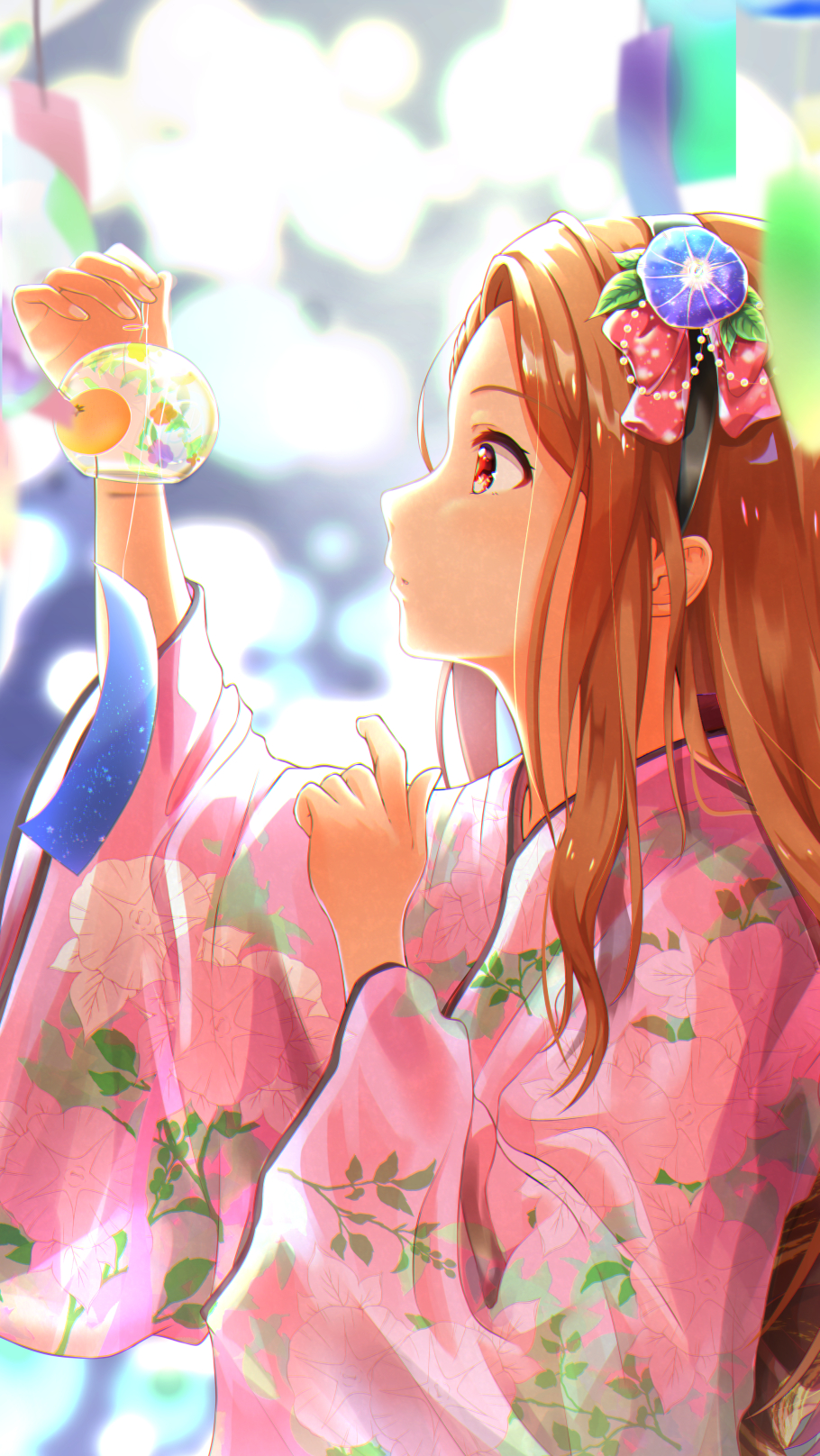1girl arm_up black_hairband blue_flower blurry blurry_background breasts brown_hair commentary floral_print floral_print_kimono flower from_side hair_flower hair_ornament hairband hand_up highres holding idolmaster idolmaster_(classic) idolmaster_million_live! idolmaster_million_live!_theater_days japanese_clothes kimono long_hair long_sleeves looking_at_another minase_iori morning_glory_print nagmilk parted_lips pink_kimono red_eyes red_ribbon ribbon small_breasts solo tanabata tanzaku upper_body wide_sleeves wind_chime