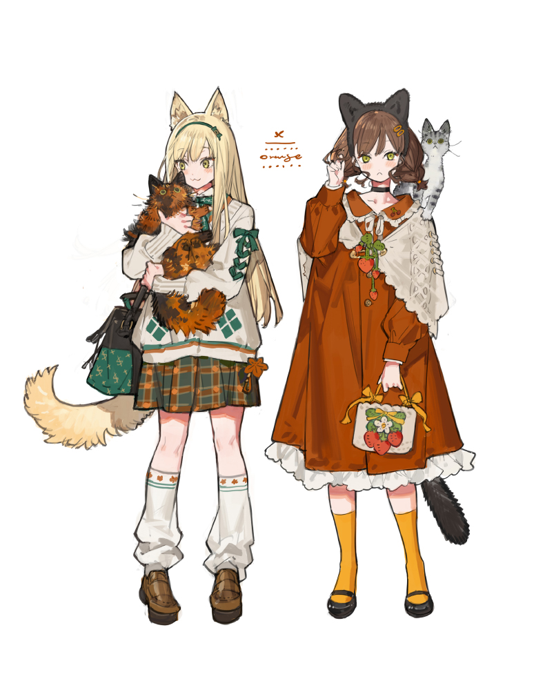 2girls :&lt; :3 animal animal_ears animal_on_shoulder arm_at_side bag black_choker black_footwear blonde_hair bow bowtie braid brown_footwear brown_hair cat cat_ear_hairband cat_ears cat_girl cat_on_shoulder cat_tail choker closed_mouth collarbone dollar_sign dress food fruit full_body green_bag green_bow green_bowtie green_eyes green_hairband grey_cat grey_shawl grey_sweater hair_ornament hairband hairclip hand_in_own_hair hand_up holding holding_animal holding_bag holding_cat kneehighs light_blush loafers long_sleeves looking_at_animal looking_at_viewer loose_socks low_twin_braids mary_janes multiple_girls orange_bow original petticoat plaid plaid_skirt pleated_skirt puffy_long_sleeves puffy_sleeves red_dress shawl shoes short_hair shoulder_bag simple_background skirt sleeve_bow socks standing starshadowmagician strawberry sweater tail tortoiseshell_cat twin_braids white_background white_socks yellow_socks