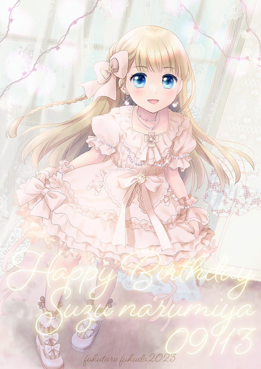 1girl :d artist_name blonde_hair blue_eyes blunt_bangs blush bow braided_sidelock collarbone dangle_earrings dated dot_nose dress dutch_angle earrings frilled_dress frilled_socks frills fukuda_fukutarou full_body hair_bow happy_birthday highres idoly_pride indoors jewelry layered_dress long_bangs long_hair looking_at_viewer narumiya_suzu necklace open_mouth pink_bow pink_dress puffy_short_sleeves puffy_sleeves shadow shoes short_sleeves skirt_hold smile socks solo sparkle straight_hair white_footwear window