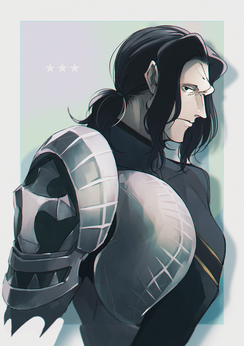 1boy 2gno082 armor black_hair breastplate cropped_torso fate/grand_order fate_(series) gilles_de_rais_(saber)_(fate) highres light_frown looking_at_viewer looking_to_the_side male_focus medium_hair pauldrons ponytail shoulder_armor sidelocks single_pauldron solo