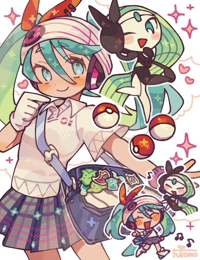 1girl aqua_hair bag bag_charm beanie blue_eyes blush blush_stickers bow charm_(object) chibi chibi_inset forehead_jewel fukomo gloves green_hair hair_bow hat hatsune_miku headphones heart long_hair meloetta meloetta_(aria) miniskirt music musical_note one_eye_closed open_mouth piano_print plaid plaid_skirt pleated_skirt poke_ball poke_ball_(basic) poke_ball_print pokemon pokemon_(creature) polo_shirt project_voltage red_bow shirt shoes shoulder_bag singing single_glove skirt smartwatch smile sneakers sparkle twintails unown unown_m vocaloid watch watch white_gloves white_shirt