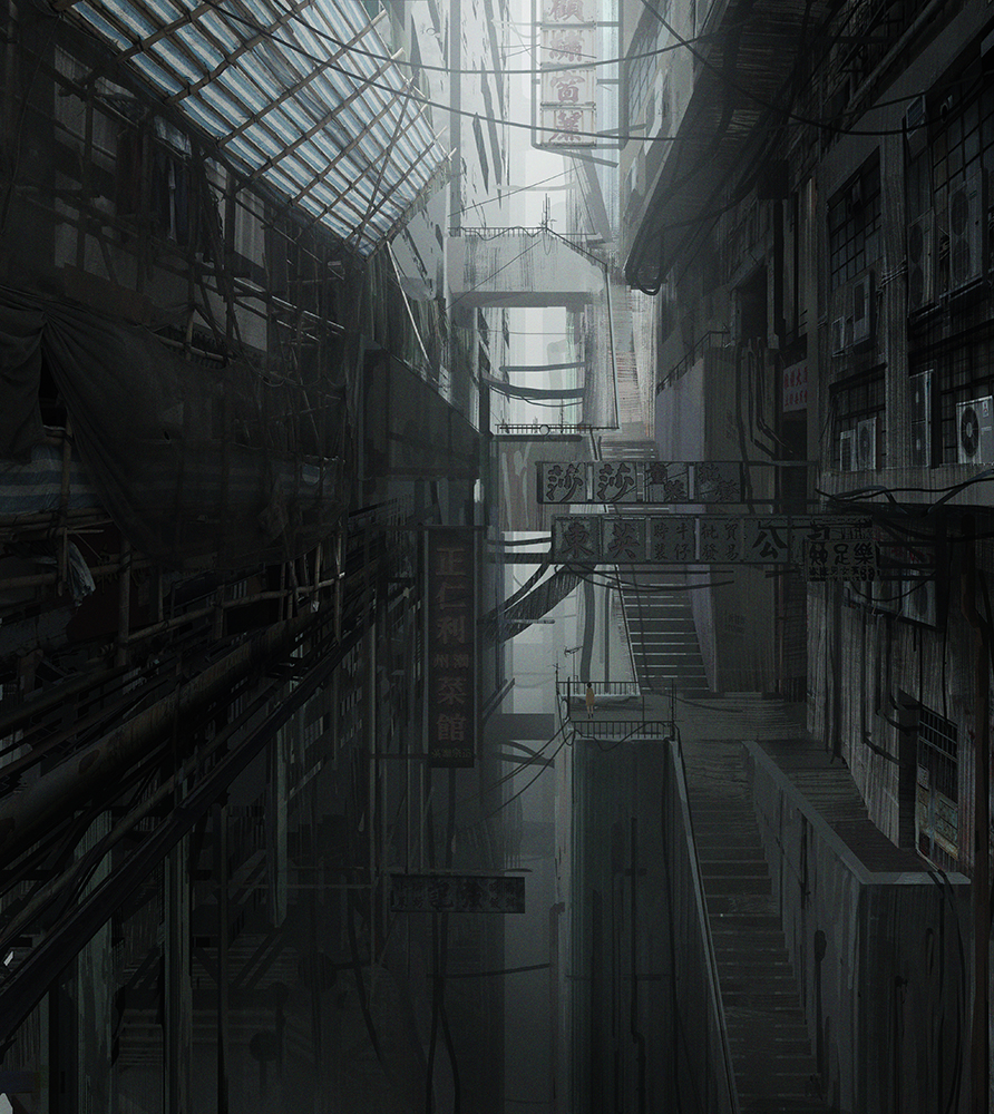 1girl abandoned air_conditioner building city dilapidated haruaki_(onkai_planaria) original outdoors post-apocalypse power_lines ruins scenery sign solo stairs yellow_raincoat