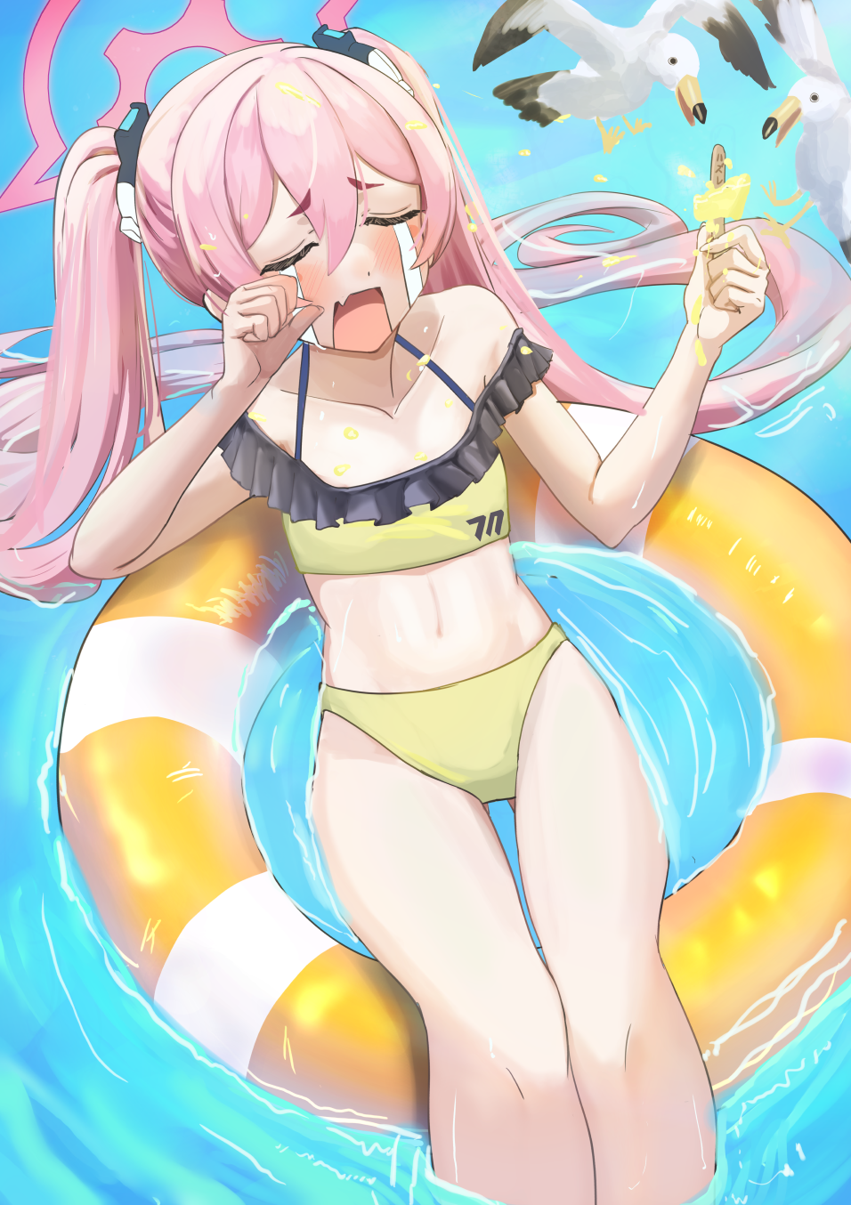 1girl afloat bird blue_archive blush cafenami closed_eyes crying food halo hand_on_own_face highres holding holding_food holding_popsicle innertube koyuki_(blue_archive) millennium_science_school_logo navel open_mouth pink_hair popsicle popsicle_stick seagull solo swimsuit tearing_up twintails water