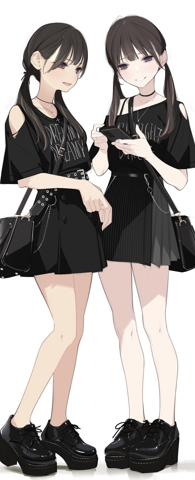 2girls ama_mitsuki bag bare_legs black_bag black_eyes black_footwear black_hair black_shirt black_skirt blush boots brown_hair cellphone clothes_writing full_body high_heels highres holding holding_phone jewelry long_hair looking_at_phone low_twintails multiple_girls necklace open_mouth original phone platform_boots platform_footwear shirt shoes short_sleeves shoulder_bag skirt smartphone smile standing twintails violet_eyes