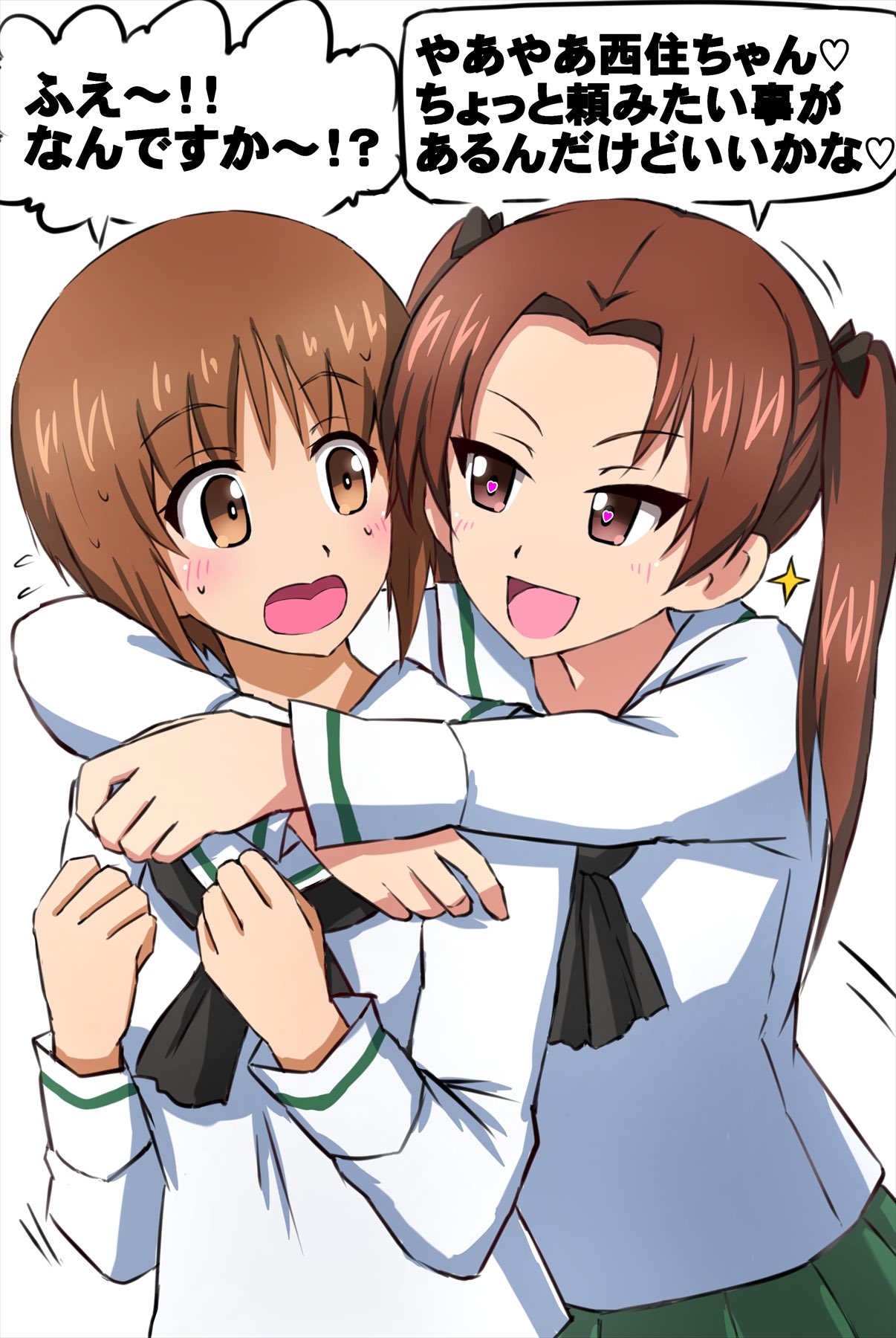 2girls arms_around_neck black_bow black_neckerchief blouse blush bow brown_eyes brown_hair commentary flying_sweatdrops girls_und_panzer green_skirt hair_bow heart heart-shaped_pupils highres hug kadotani_anzu light_frown long_hair long_sleeves looking_at_another looking_back motion_lines multiple_girls neckerchief nishizumi_miho omachi_(slabco) ooarai_school_uniform open_mouth parted_bangs pleated_skirt sailor_collar school_uniform serafuku shirt short_hair skirt smile sparkle standing sweatdrop symbol-shaped_pupils translated twintails white_sailor_collar white_shirt