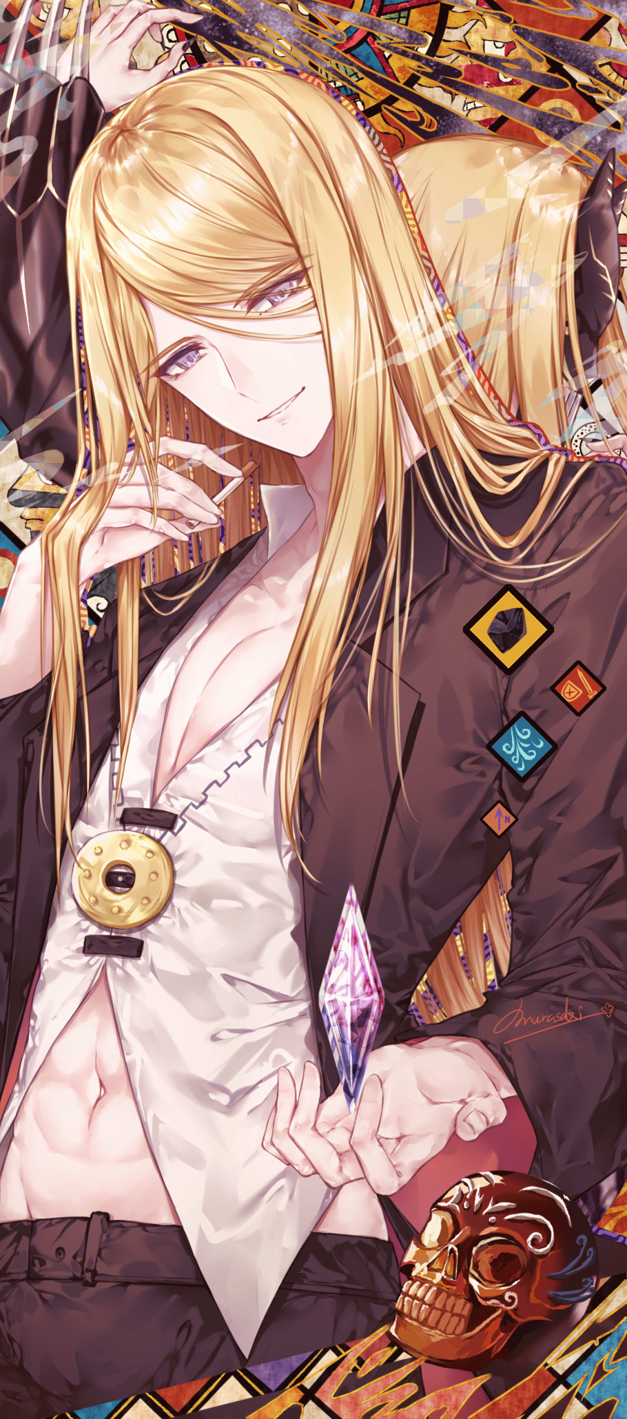 2boys abs armor back-to-back black_armor blonde_hair cigarette claw_(weapon) dual_persona fate/grand_order fate_(series) flapper_shirt floating floating_object gem hand_in_own_hair highres holding holding_cigarette jacket light_smile long_hair looking_at_viewer male_focus mask medallion midriff midriff_peek multiple_boys open_clothes open_jacket pink_eyes purionpurion shirt skull smile smoke tezcatlipoca_(fate) tezcatlipoca_(second_ascension)_(fate) trench_coat weapon white_shirt