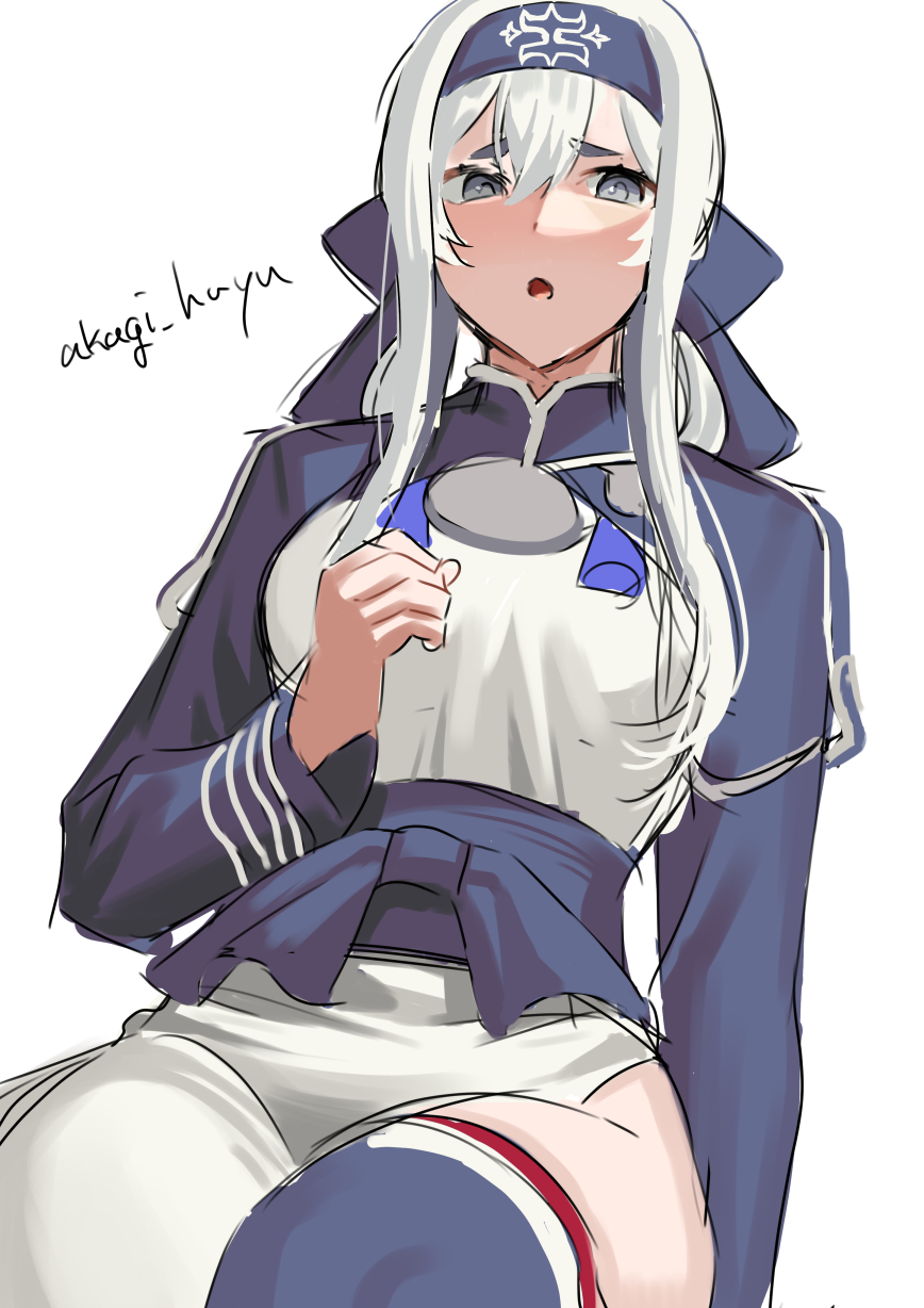 1girl ainu ainu_clothes akagi_kurage artist_name bandana blue_eyes blue_headband blush breasts cropped_jacket folded_ponytail hair_between_eyes headband highres kamoi_(kancolle) kantai_collection large_breasts long_hair long_sleeves looking_at_viewer pelvic_curtain simple_background solo thick_eyebrows thigh-highs white_background white_hair wrist_guards