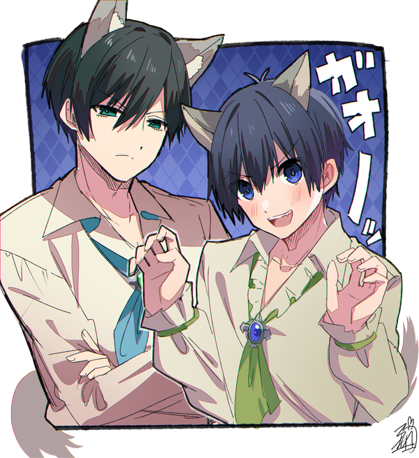 &gt;:( 2boys :d animal_ear_fluff animal_ears argyle argyle_background black_hair blue_background blue_eyes blue_lock blue_neckerchief blush brown_shirt claw_pose closed_mouth collared_shirt crossed_arms frown green_eyes hair_between_eyes hands_up isagi_yoichi itoshi_rin kemonomimi_mode long_sleeves looking_at_viewer male_focus multiple_boys neckerchief omuretsu puffy_long_sleeves puffy_sleeves shirt sleeves_past_wrists smile tail v-shaped_eyebrows