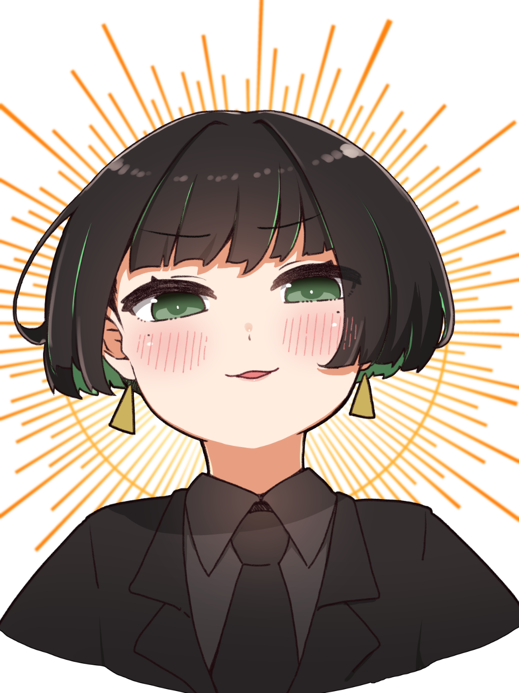 1girl allmind_(armored_core_6) armored_core armored_core_6 black_hair black_jacket black_necktie blush collared_shirt cropped_torso earrings green_eyes green_hair grey_shirt highres i.u.y jacket jewelry looking_at_viewer mole mole_under_eye multicolored_hair necktie parted_lips shirt short_hair simple_background smile solo suit two-tone_hair upper_body white_background