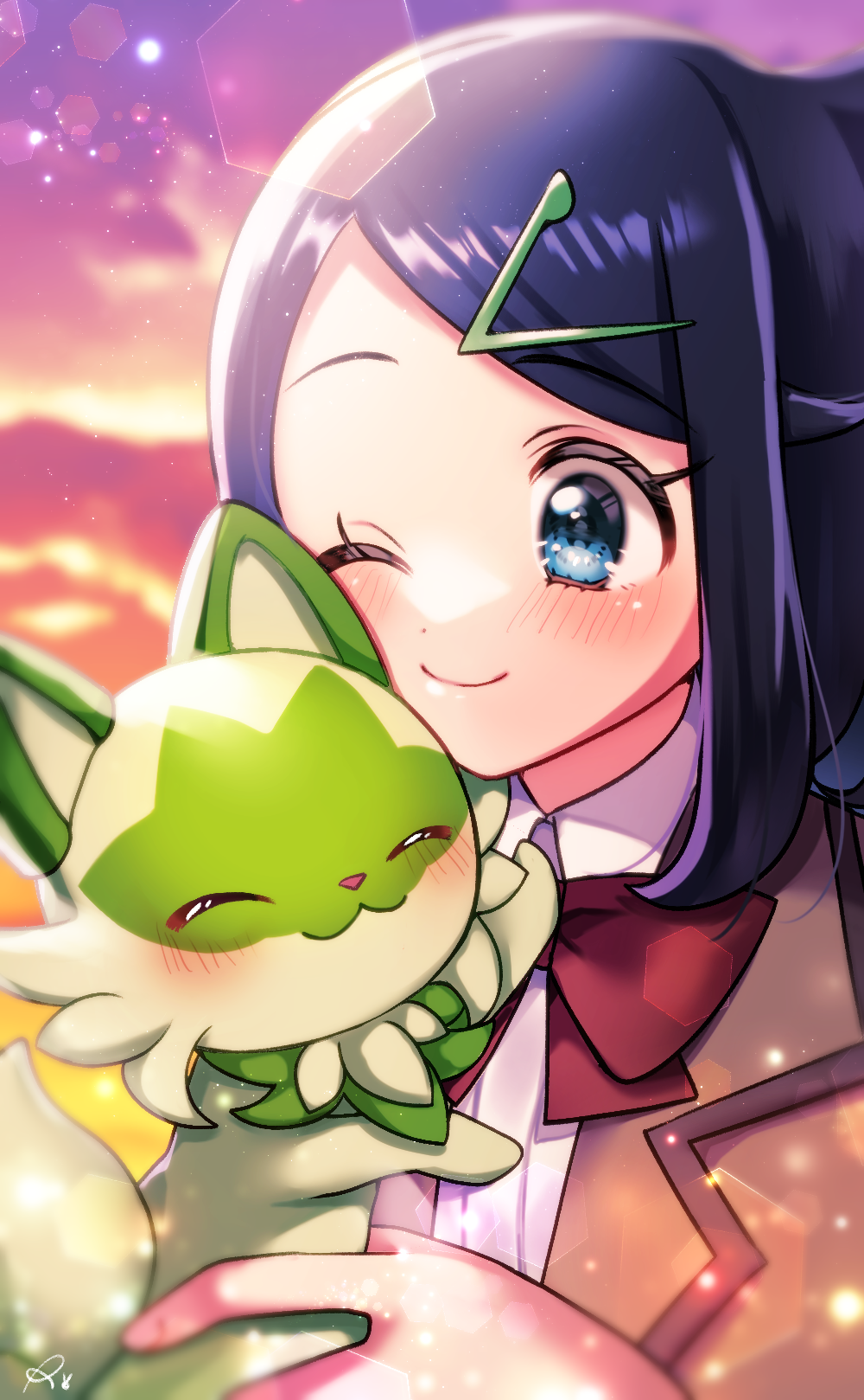 1girl ;) black_hair blue_eyes blurry blush bow bowtie brown_jacket closed_mouth clouds collared_shirt commentary_request eyelashes hair_ornament hairclip highres holding holding_pokemon jacket liko_(pokemon) one_eye_closed outdoors pokemon pokemon_(anime) pokemon_(creature) pokemon_horizons red_bow rokico school_uniform shirt sky smile sprigatito twilight white_shirt