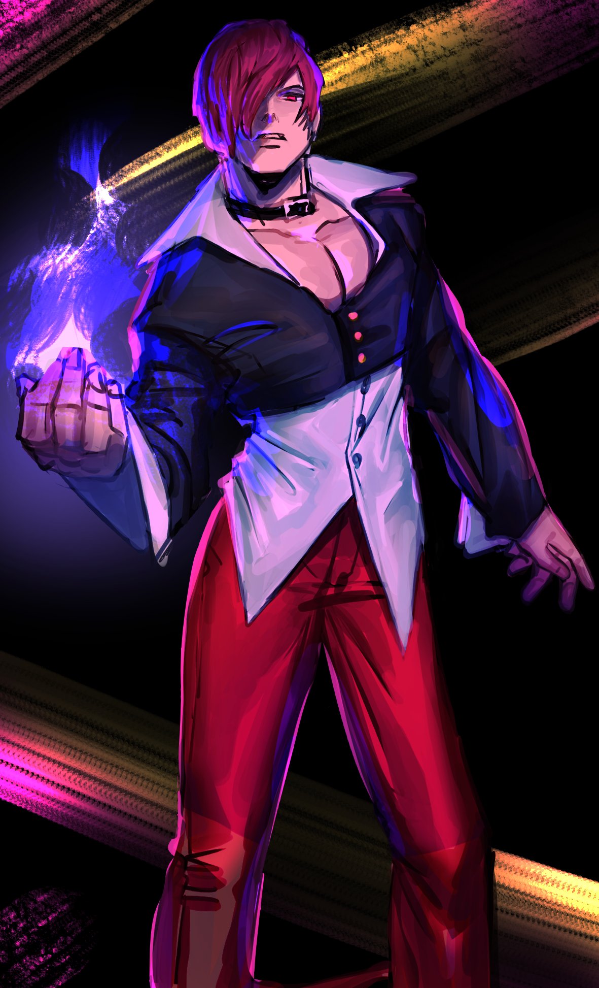 1boy choker fire hair_over_one_eye highres jacket looking_at_viewer male_focus oshirimarsh pants pectoral_cleavage pectorals purple_fire pyrokinesis red_eyes red_pants redhead short_hair simple_background snk solo the_king_of_fighters the_king_of_fighters_'95 unbuttoned_sleeves yagami_iori