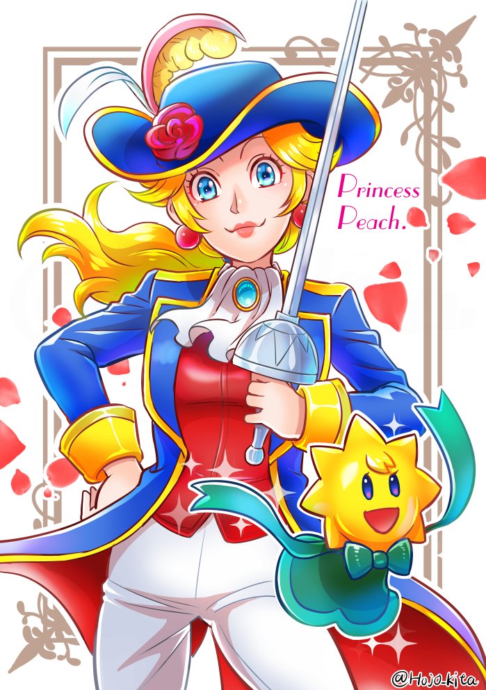 1girl 1other artist_name ascot blonde_hair blue_eyes blue_jacket brooch character_name earrings flower hand_on_own_hip hat_feather hojo_kita holding holding_sword holding_weapon jacket jewelry looking_at_viewer official_alternate_costume open_clothes open_jacket pants petals princess_peach princess_peach:_showtime! rapier red_flower red_rose red_vest rose rose_petals sphere_earrings stella_(peach) super_mario_bros. sword swordfighter_peach vest watermark weapon white_ascot white_pants