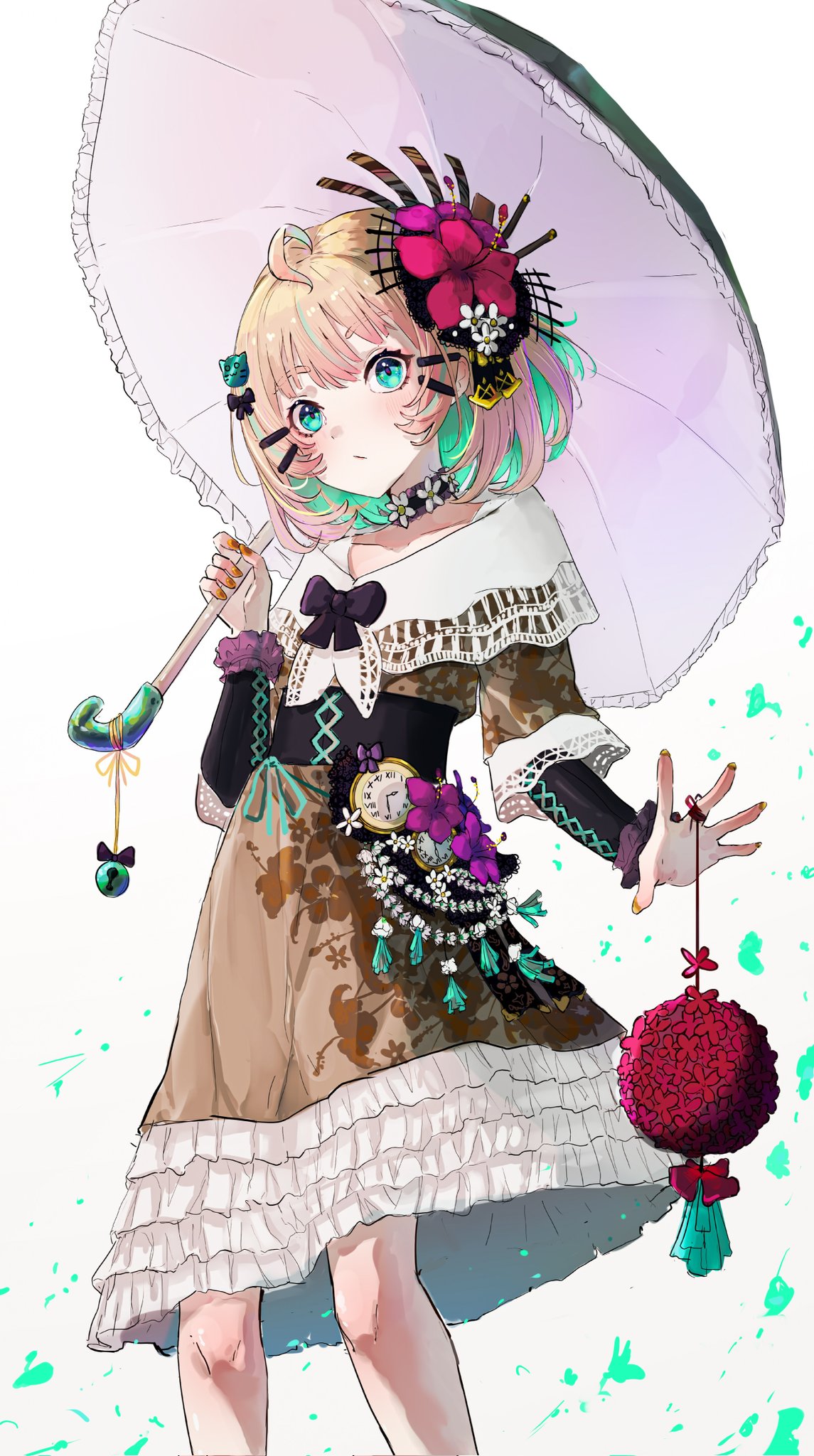 1girl ahoge alternate_costume aqua_eyes blonde_hair brown_dress cat_hair_ornament cawfy choker colored_inner_hair commentary dress frilled_dress frills green_hair hair_ornament hairclip highres holding holding_umbrella millie_parfait multicolored_hair nijisanji nijisanji_en short_hair solo symbol-only_commentary umbrella virtual_youtuber yellow_nails